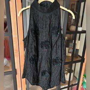 Vintage Reggio beaded rosettes roses top blouse mock neck sleeveless embroidered